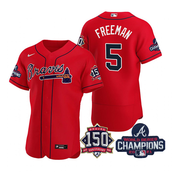 Personalized Men’s Atlanta Braves Freddie Freeman 2021 World Series Champions Stitched Jersey Flex Base Red