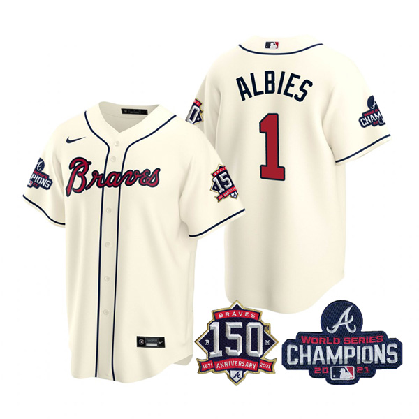 Personalized Men’s Atlanta Braves Ozzie Albies 2021 World Series Champions Stitched Jersey Cool Base Cream