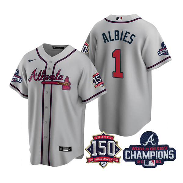 Personalized Men’s Atlanta Braves Ozzie Albies 2021 World Series Champions Stitched Jersey Cool Base Gray