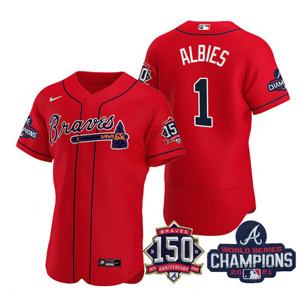 Personalized Men’s Atlanta Braves Ozzie Albies 2021 World Series Champions Stitched Jersey Flex Base Red