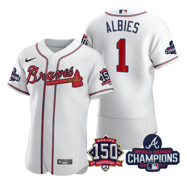 Personalized Men’s Atlanta Braves Ozzie Albies 2021 World Series Champions Stitched Jersey Flex Base White Home