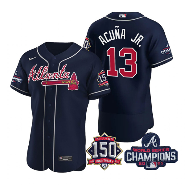 Personalized Men’s Atlanta Braves Ronald Acuna Jr. 2021 World Series Champions Stitched Jersey Flex Base Navy