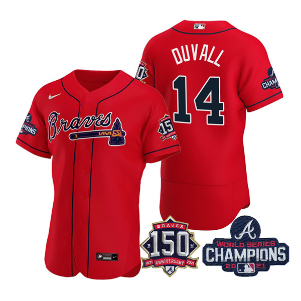 Personalized Men’s Atlanta Braves Adam Duvall 2021 World Series Champions Stitched Jersey Flex Base Red