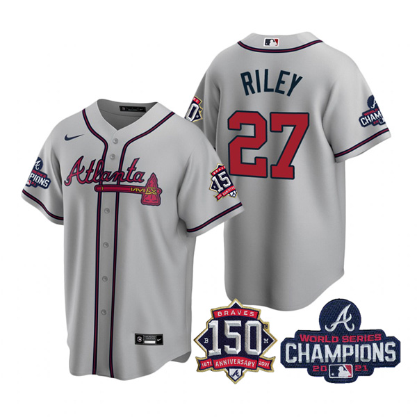 Personalized Men’s Atlanta Braves Austin Riley 2021 World Series Champions Stitched Jersey Cool Base Gray