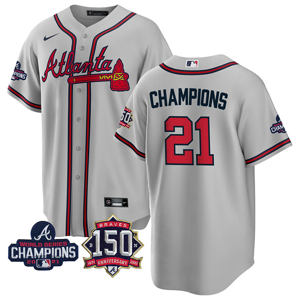Personalized Men’s Atlanta Braves Champions 2021 World Series Champions Stitched Jersey Cool Base Gray