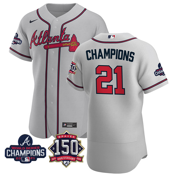 Personalized Men’s Atlanta Braves Champions 2021 World Series Champions Stitched Jersey Flex Base Gray
