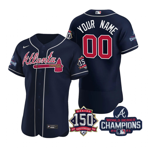 Personalized Men’s Atlanta Braves 2021 World Series Champions Stitched Jersey Flex Base Navy