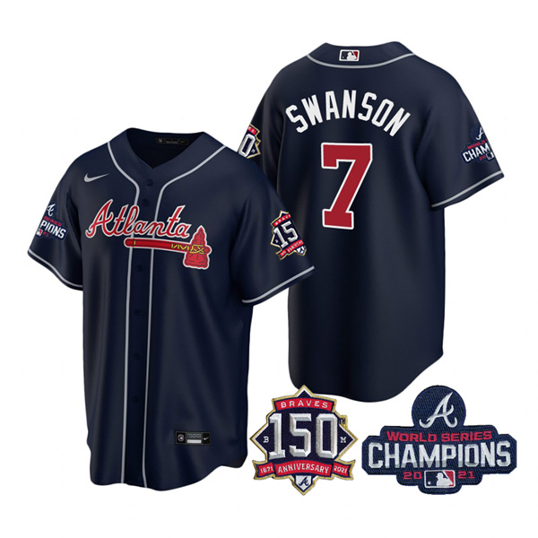 Personalized Men’s Atlanta Braves Dansby Swanson 2021 World Series Champions Stitched Jersey Cool Base Navy