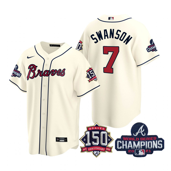 Personalized Men’s Atlanta Braves Dansby Swanson 2021 World Series Champions Stitched Jersey Cool Base Cream
