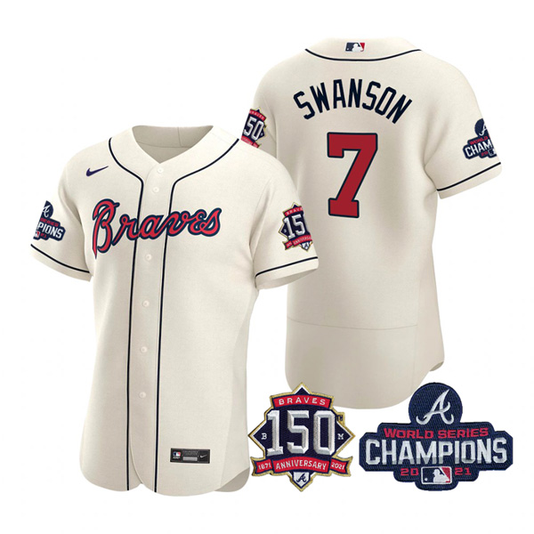 Personalized Men’s Atlanta Braves Dansby Swanson 2021 World Series Champions Stitched Jersey Flex Base Cream