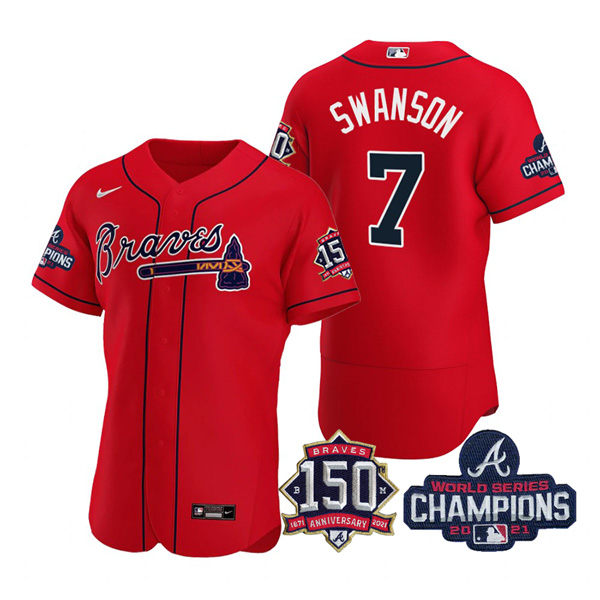 Personalized Men’s Atlanta Braves Dansby Swanson 2021 World Series Champions Stitched Jersey Flex Base Red