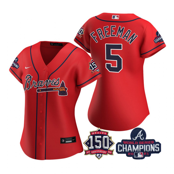 Personalized Women’s Atlanta Braves Freddie Freeman 2021 World Series Champions Stitched Jersey Red