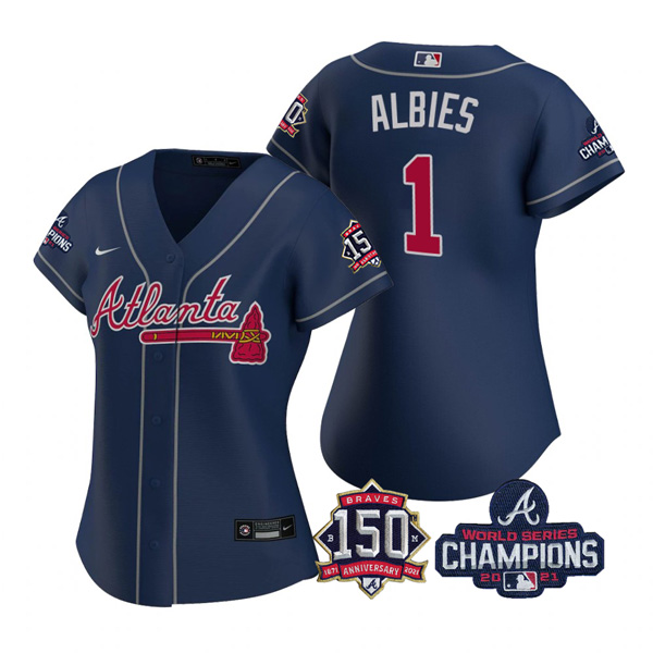 Personalized Women’s Atlanta Braves Ozzie Albies 2021 World Series Champions Stitched Jersey Navy