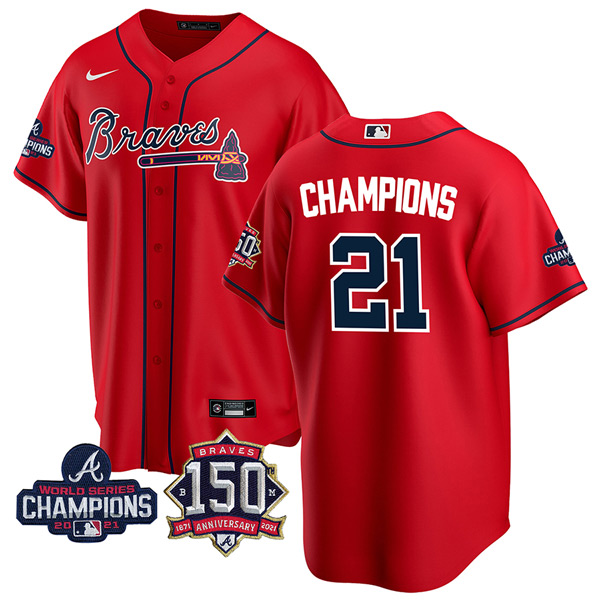 Personalized Youth Atlanta Braves Champions 2021 World Series Champions Stitched Jersey Cool Base Red