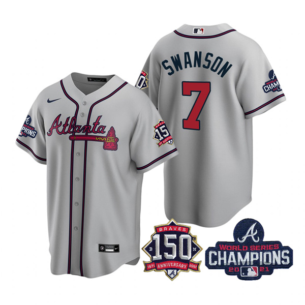 Personalized Youth Atlanta Braves Dansby Swanson 2021 World Series Champions Stitched Jersey Cool Base Gray
