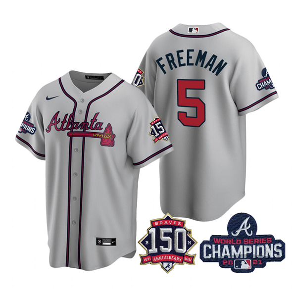 Personalized Youth Atlanta Braves Freddie Freeman 2021 World Series Champions Stitched Jersey Cool Base Gray