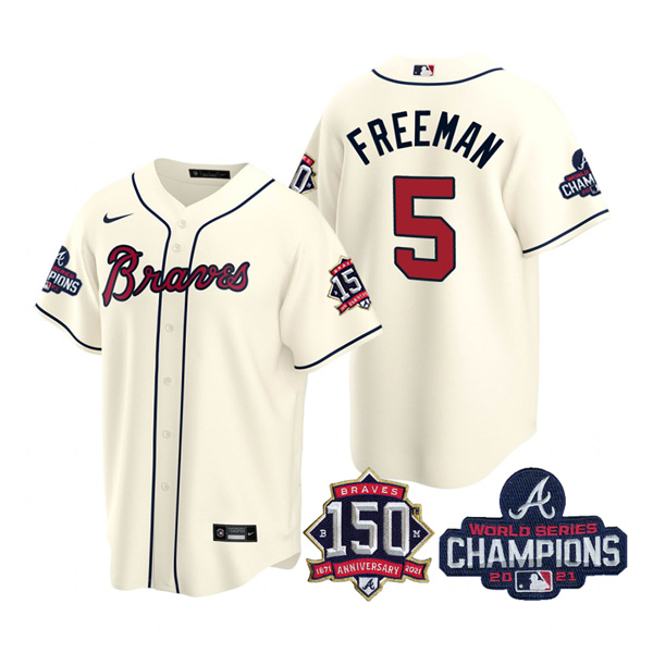 Personalized Youth Atlanta Braves Freddie Freeman 2021 World Series Champions Stitched Jersey Cool Base Cream