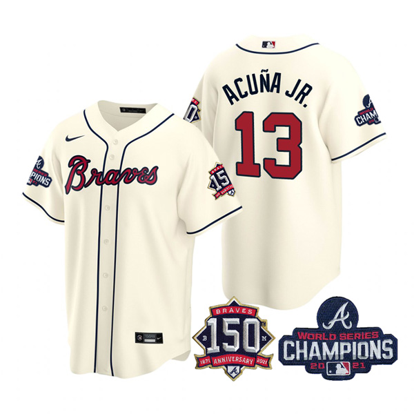 Personalized Youth Atlanta Braves Ronald Acuna Jr. 2021 World Series Champions Stitched Jersey Cool Base Cream