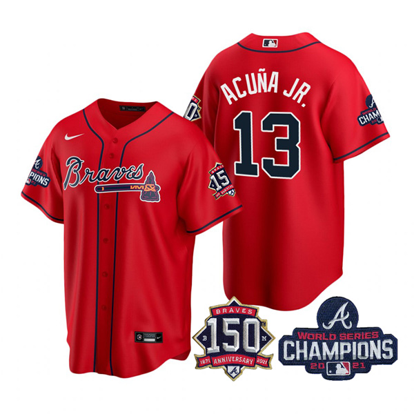 Personalized Youth Atlanta Braves Ronald Acuna Jr. 2021 World Series Champions Stitched Jersey Cool Base Red