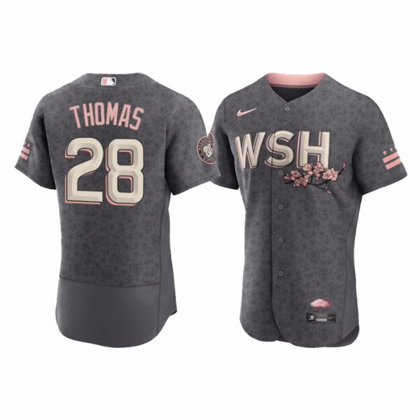 Personalized Men’s Flex Base Lane Thomas Washington Nationals Gray 2022 City Connect Cherry Blossom Jersey