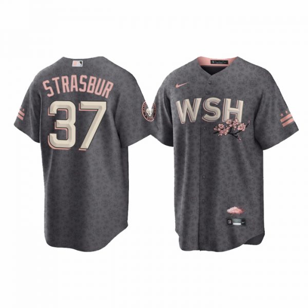 Personalized Men’s Cool Base Stephen Strasburg Washington Nationals Gray 2022 City Connect Cherry Blossom Jersey