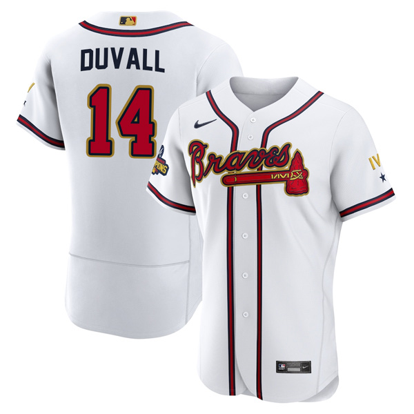 Personalized Men’s Cool Base Atlanta Braves Adam Duvall 2022 Gold Program White Stitched Jersey