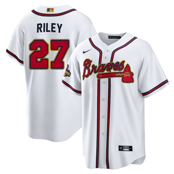 Personalized Men’s Flex Base Atlanta Braves Austin Riley 2022 Gold Program White Stitched Jersey