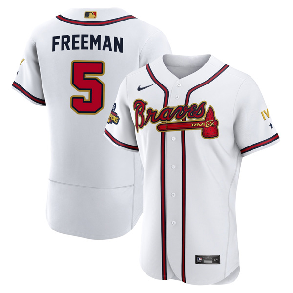 Personalized Men’s Flex Base Atlanta Braves Freddie Freeman 2022 Gold Program White Stitched Jersey