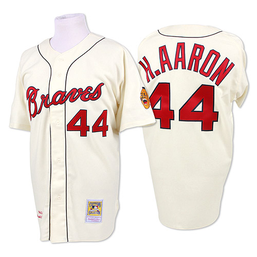 Personalized Big Size Mitchell and Ness 1963 Atlanta Braves #44 Hank Aaron Authentic Cream Throwback MLB Jersey