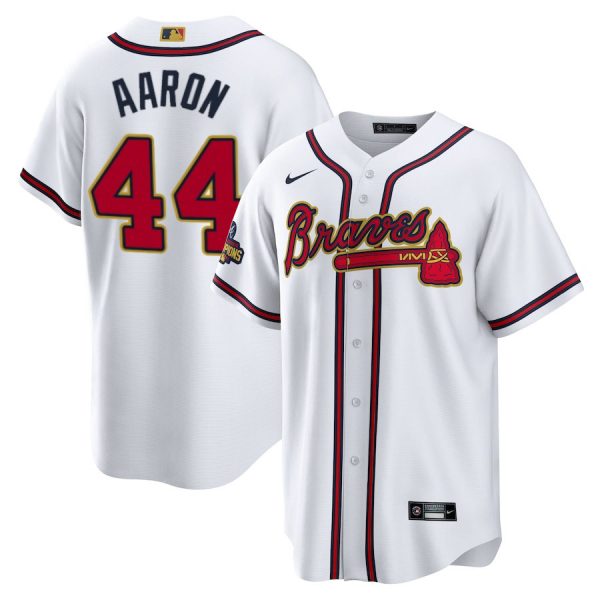 Personalized Men’s Cool Base Atlanta Braves Hank Aaron 2022 Gold Program White Stitched Jersey