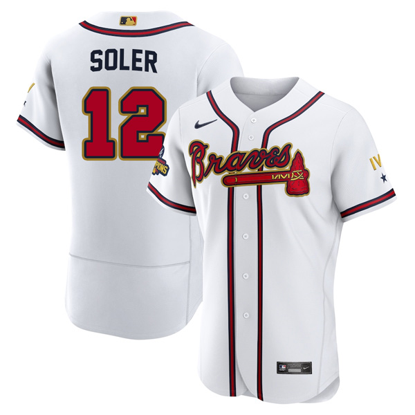Personalized Men’s Cool Base Atlanta Braves Jorge Soler 2022 Gold Program White Stitched Jersey