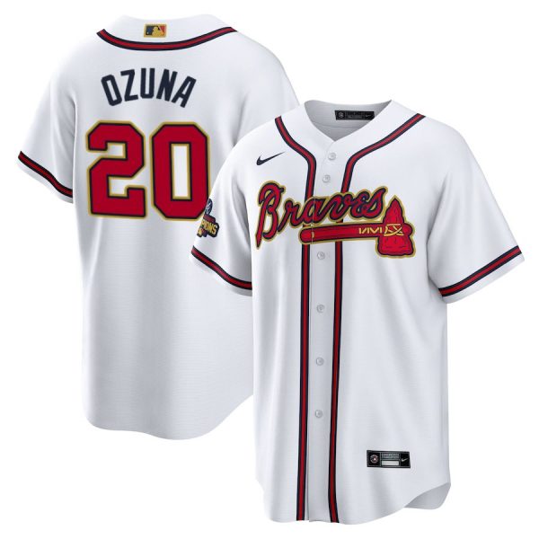 Personalized Men’s Cool Base Atlanta Braves Marcell Ozuna 2022 Gold Program White Stitched Jersey