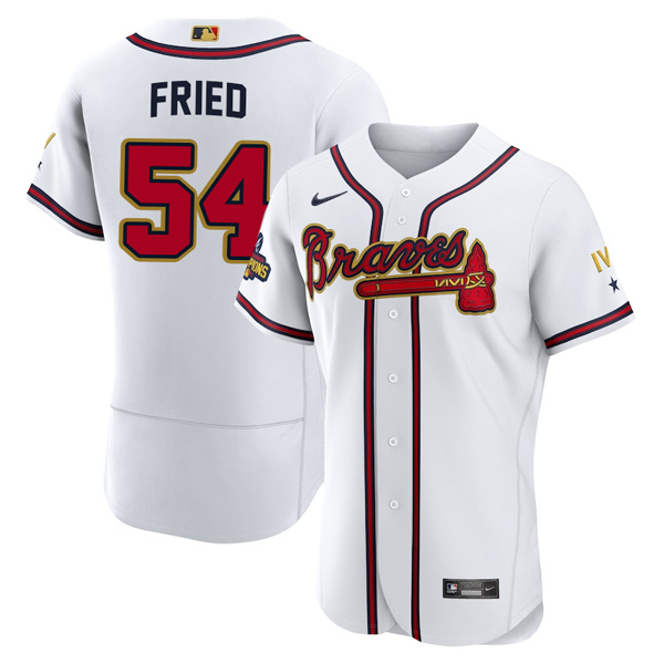 Personalized Men’s Cool Base Atlanta Braves Max Fried 2022 Gold Program White Stitched Jersey