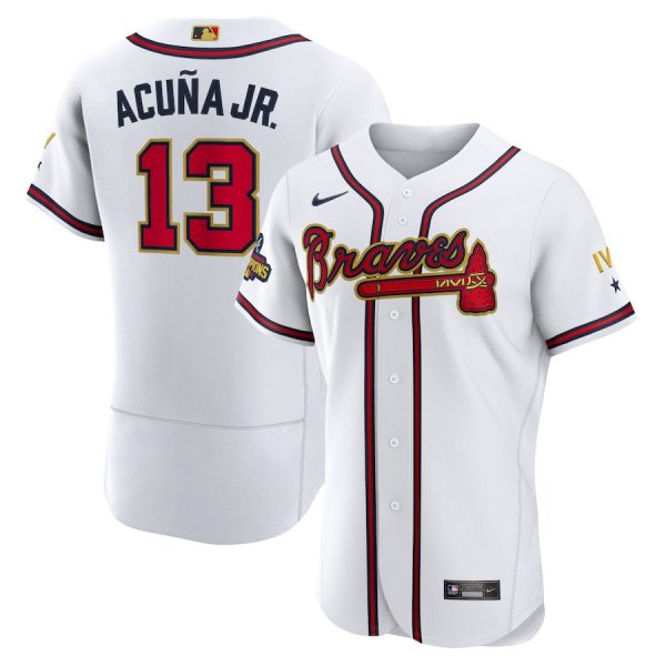 Personalized Men’s Flex Base Atlanta Braves Ronald Acuna Jr. 2022 Gold Program White Stitched Jersey