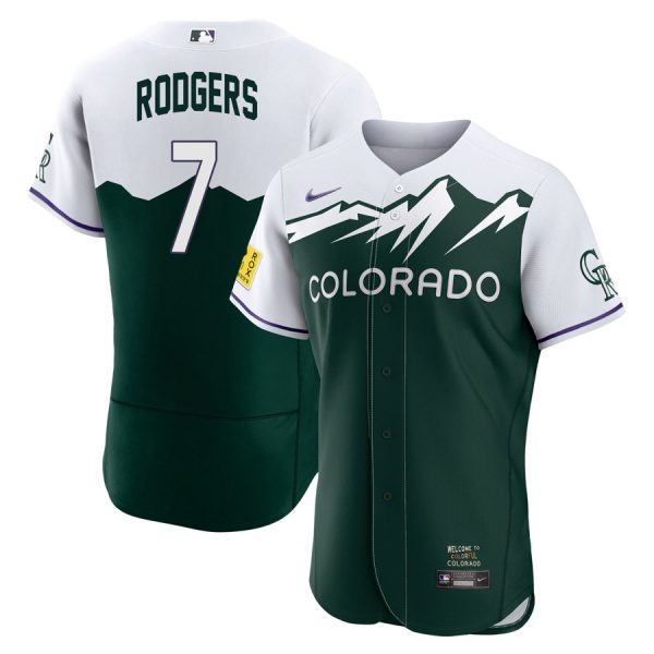 Personalized Men’s Flex Base Colorado Rockies Brendan Rodgers 2022 City Connect Green Stitched Jersey
