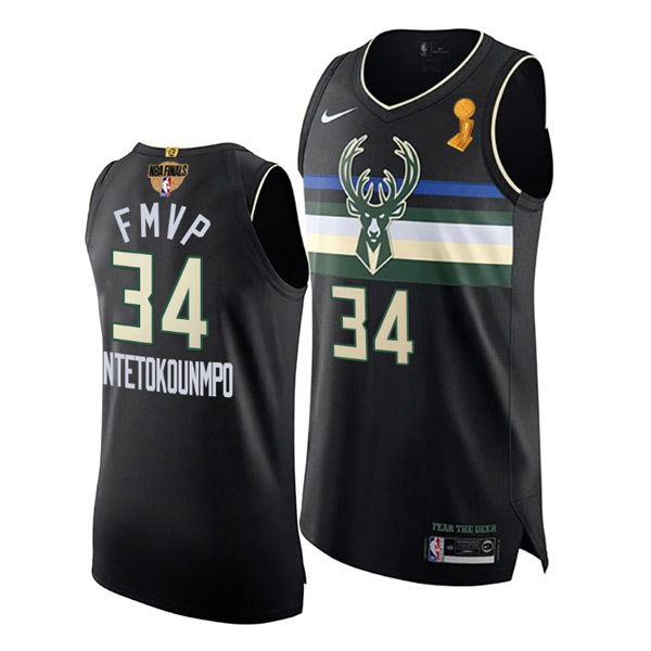 Personalized Men’s FMVP Giannis Antetokounmpo Milwaukee Bucks 2021 NBA Finals Champions Jersey Black Statement