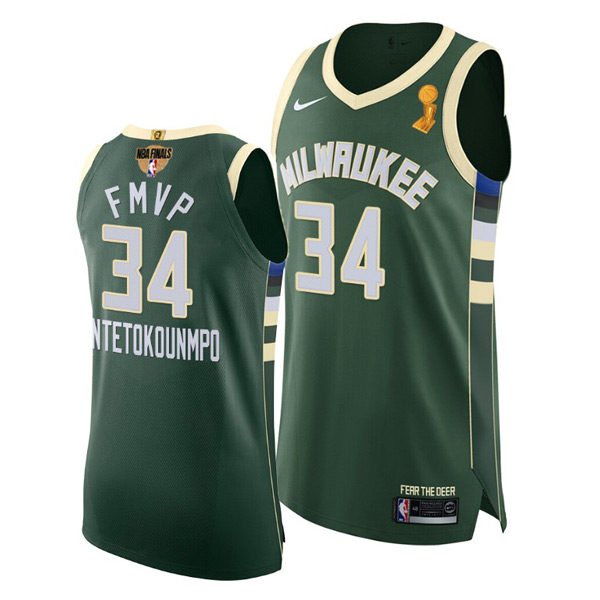 Personalized Men’s FMVP Giannis Antetokounmpo Milwaukee Bucks 2021 NBA Finals Champions Jersey Green Earned