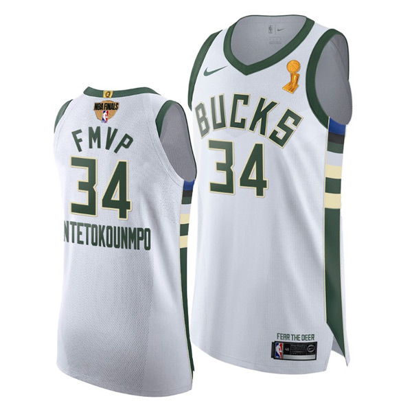 Personalized Men’s FMVP Giannis Antetokounmpo Milwaukee Bucks 2021 NBA Finals Champions Jersey White Association