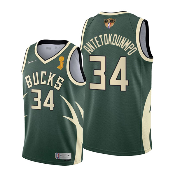 Personalized Men’s Giannis Antetokounmpo Milwaukee Bucks 2021 NBA Finals Champions Jersey Green Earned