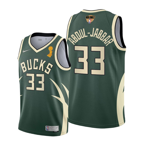 Personalized Men’s #33 Kareem Abdul Jabbar Milwaukee Bucks 2021 NBA Finals Champions Jersey Green Earned
