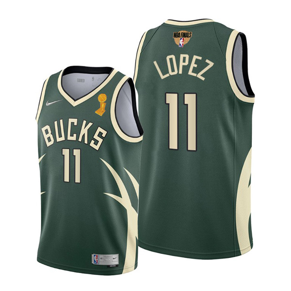 Personalized Youth Brook Lopez Milwaukee Bucks 2021 NBA Finals Champions Jersey Green Earned