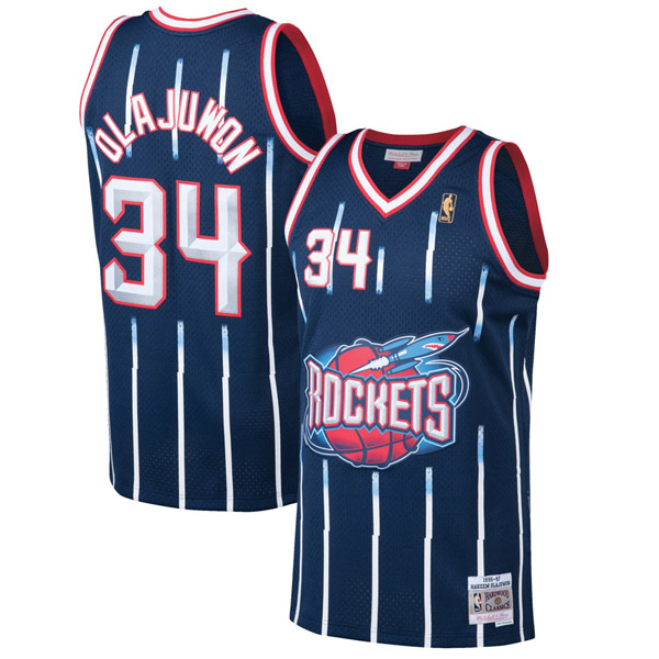 Personalized Men’s #34 Hakeem Olajuwon Houston Rockets 1996-97 Hardwood Classics Jersey Navy