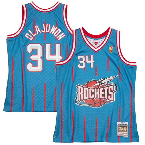 Personalized Men’s #34 Hakeem Olajuwon Houston Rockets 1996-97 Hardwood Classics Jersey Blue