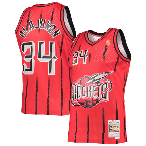 Personalized Men’s #34 Hakeem Olajuwon Houston Rockets 1996-97 Hardwood Classics Jersey Red
