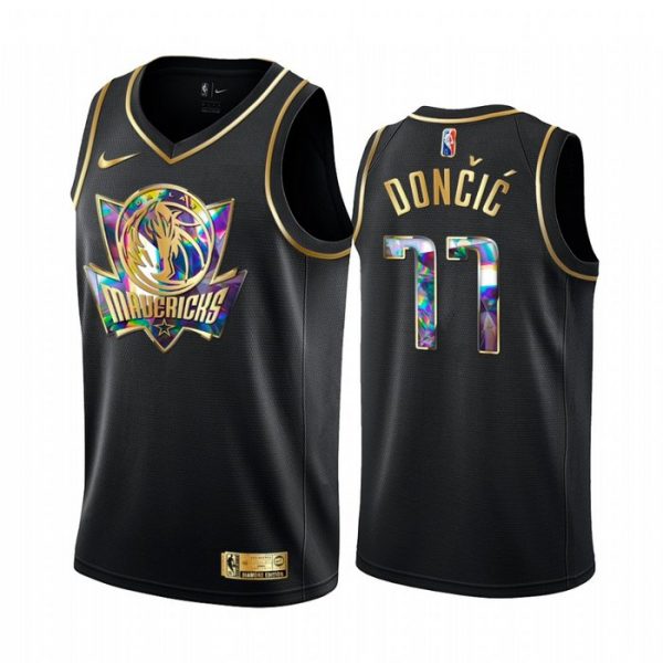 Personalized Men’s Dallas Mavericks Luka Doncic 75th Anniversary Black Iridescent Diamond Jersey Stitched