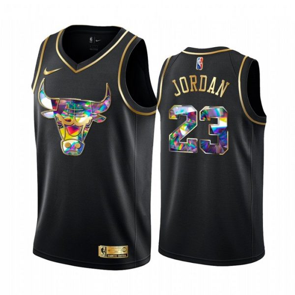 Personalized Men’s Chicago Bulls Michael Jordan 75th Anniversary Black Iridescent Diamond Jersey Stitched