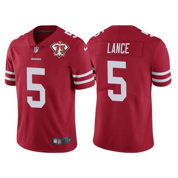 Personalized Men’s #5 Trey Lance San Francisco 49ers 75th Anniversary Patch Limited Jersey Stitched Red