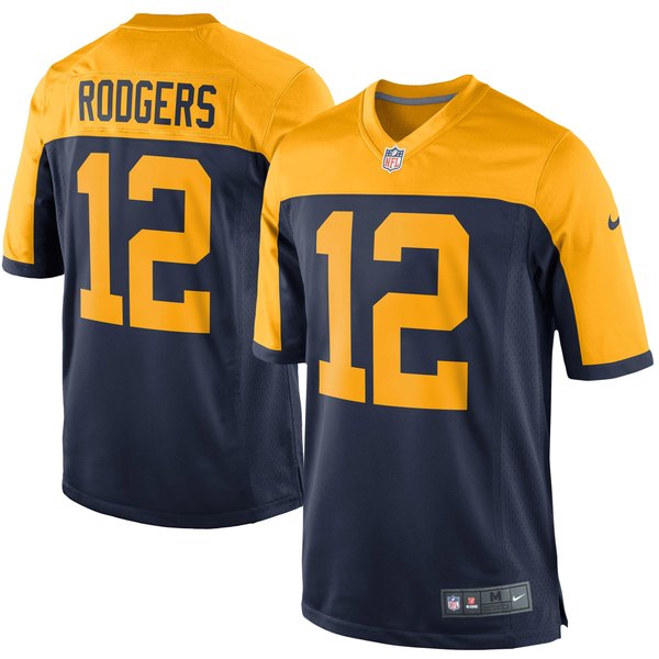 Personalized Men’s #12 Aaron Rodgers Green Bay Packers Game Jersey Stitched Navy Yellow