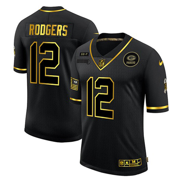 Personalized Men’s #12 Aaron Rodgers Green Bay Packers Black Gold Salute To Service Jersey Stitched