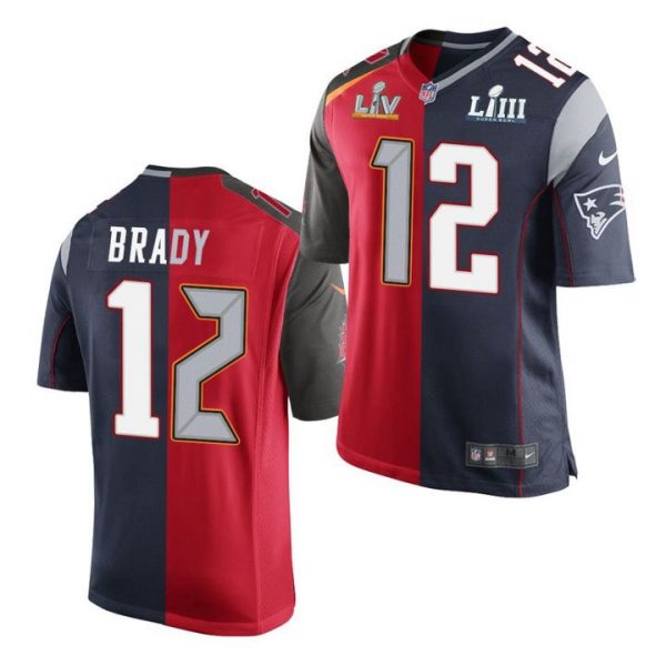 Personalized Men’s Buccaneers Patriots #12 Tom Brady Split GOAT Two Tone Super Bowl Stitched Jersey Red Navy